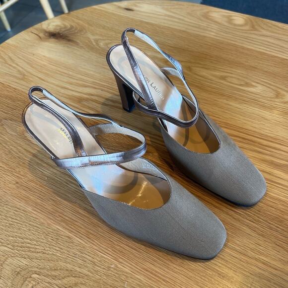 RALPH LAUREN Womens 8.5 Taupe Metallic Slingback Block Heel Vintage - Picture 8 of 8